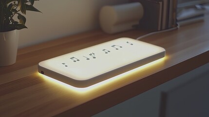 Modern illuminated music note display on a wooden shelf in a cozy living room setting