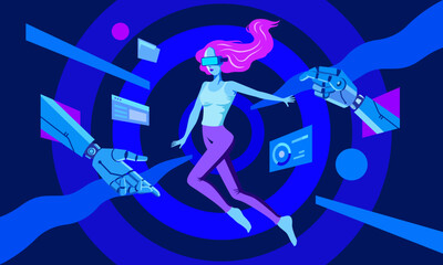 Girl wearing VR glasses, artificial intelligence digital interface, to experience virtual reality, metaverse, learning concept, technology innovation, vector illustration