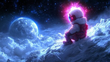 Fototapeta premium Astronaut contemplating cosmos distant planet exploration future abstract surreal space journey galaxy adventure digital art illustration