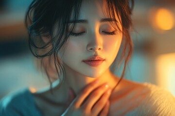 Fototapeta premium Serene Woman With Eyes Closed Gently Touching Her Neck