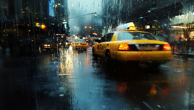 Fototapeta Rainy NYC Street Seen Through Taxi Window