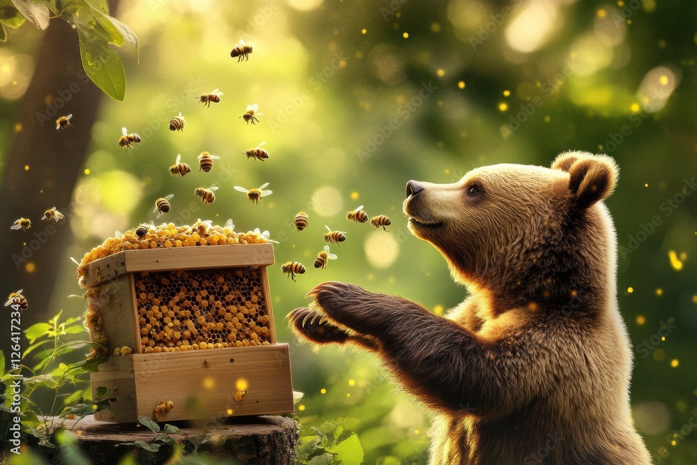 Aufkleber bear interacting with a swarm of bees near a wooden hive in a lush green forest during daylight hour