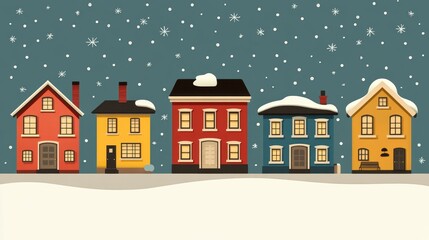 Fototapeta premium Festive Winter Village Scene Cute Cartoon Houses Snowy Landscape Minimalist Design Holiday Season Illustration Charming Nostalgic Aesthetic