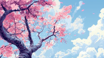 A beautiful sakura tree blossoms against a cloudy blue sky