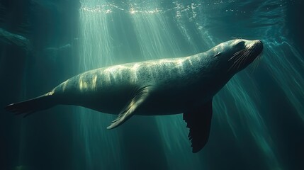 Obraz premium A serene underwater scene featuring a seal gracefully swimming amidst sunbeams in clear water