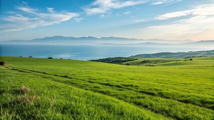 Naklejka premium Lush Green Meadow Overlooking a Tranquil Ocean and Distant Mountains