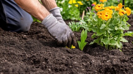 Closeup view of hands of gardener working in field planting flowers.