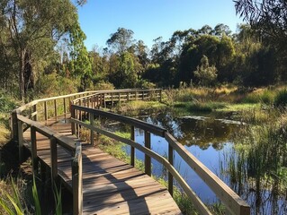 Obraz premium Scenic nature walk wetland boardwalk photography serene environment eye-level view tranquil concept