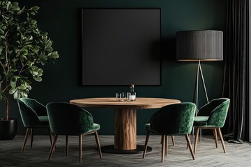 Emerald green dining setup with black accents and an art display wall.
