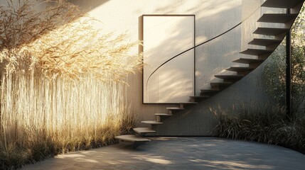 Modern interior with spiral staircase, minimalist design, natural light, and decorative plants