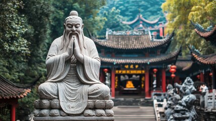 Fototapeta premium A large stone statue of Confucius in front of a temple. Copy space.