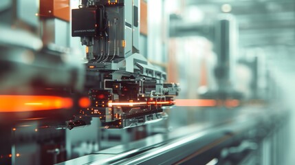 Fototapeta premium A futuristic automated assembly line featuring intricate robotic components and glowing digital elements, representing modern industrial technology. AI generated.
