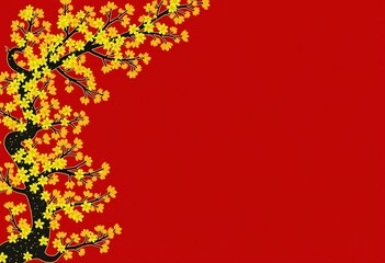 Floral Delight: Yellow Flowers and Branches on Red Background - A vibrant and eye-catching floral pattern perfect for wallpapers, textiles, backgrounds, and adding a touch of warmth and elegance to an