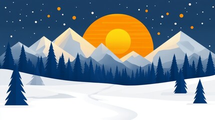 Naklejka premium Pixelated Winter Landscape With Mountains,Trees And A Setting Sun Is Perfect For Nostalgic Wall Art Or Gaming Backgrounds