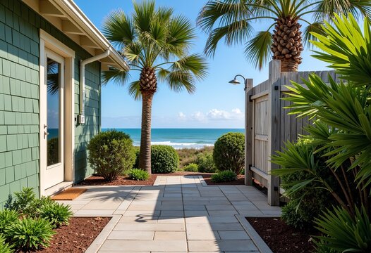 Coastal Charm: Outdoor Shower at Charleston Beach Home - A green and brown shingled home with ocean views and palm trees, perfect for showcasing coastal architecture, outdoor living, and vacation dest