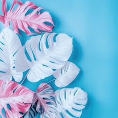 Naklejka premium Aesthetic neon blue background with pink and white tropical leaves, blending pastel tones with a modern minimalistic style. Perfect for branding, web design, and digital advertising.