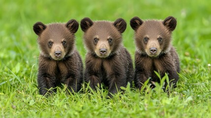 Obraz premium Three Adorable Brown Bear Cubs in Lush Green Meadow