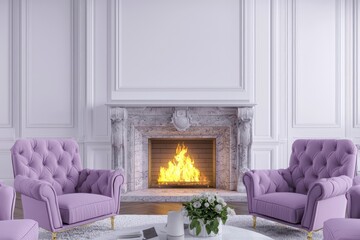 Pastel dusty mauve lounge, large fireplace, stylish interior.