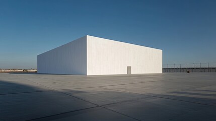 Minimalist white building on a vast concrete surface under a clear blue sky at sunset