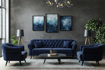 Luxurious navy furniture in a dark room with gray cement wall, 3D.