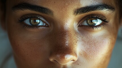 Fototapeta premium Close up of a womans face showing her eyes and freckles