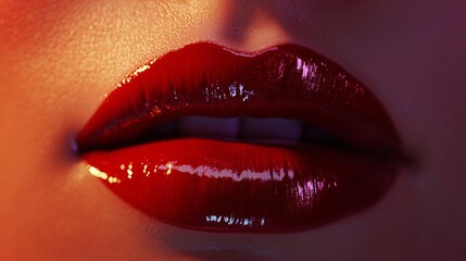 Fototapeta premium Closeup of glossy red lips with warm lighting