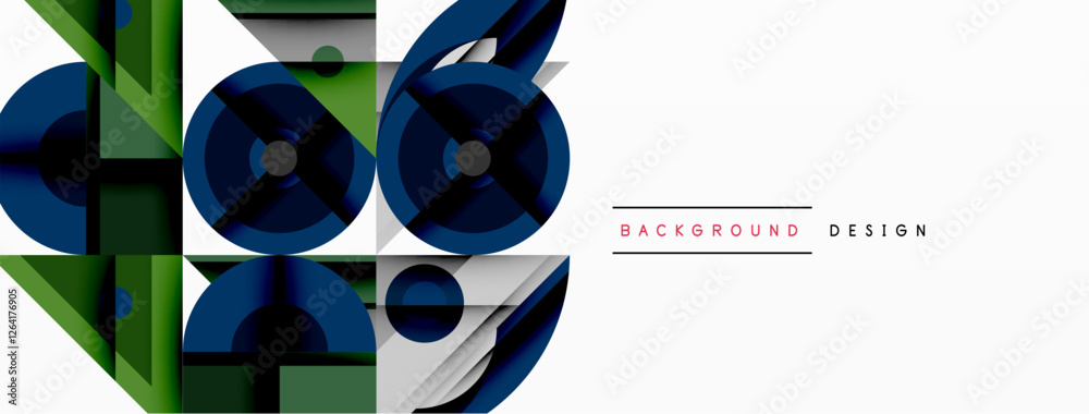 Poster Geometric abstract composition with intersecting shapes, circles, triangles, and gradients, blending vibrant colors and dynamic contrasts to create a modern, futuristic visual design