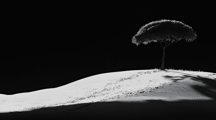 A solitary tree stands on a white dune under a dark sky, creating a stark contrast in nature