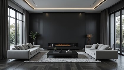 Dark living room interior with black empty wall