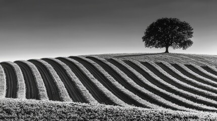 Serene black and white landscape showcasing a solitary tree on a wavy field at dusk