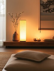 Illuminated lamp and decorative arrangements create a serene ambiance indoors