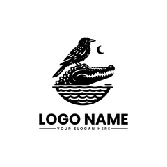 Bird Perched on Crocodile’s Head Unique Vector Logo Illustration Wildlife Symbiosis Design