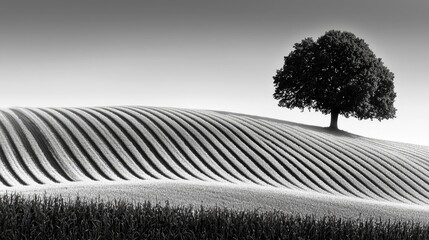 Serene black and white landscape featuring a solitary tree on rolling hills with textured fields