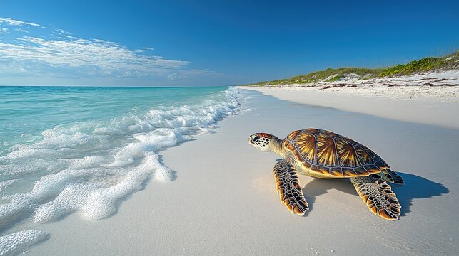 Sea turtle crawling on pristine beach with gentle waves and clear blue sky in the background