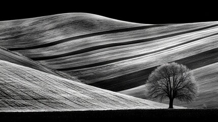 Black and white landscape featuring rolling hills with a solitary tree under dramatic lighting