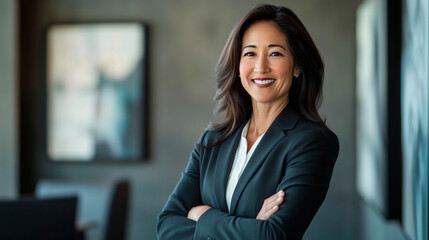 Asian-latina businesswoman with crossed arms posing in office portrait setting. 