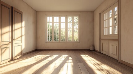 Sunlit Empty Room With Wooden Floors And Large Windows