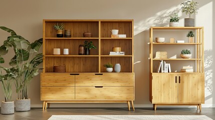 A modern bamboo furniture set with a natural finish for eco-friendly living spaces. Copy space.
