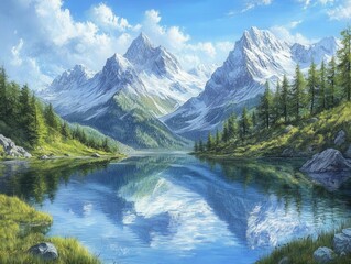 Fototapeta premium Majestic mountain reflection serene lake digital artwork natural landscape panoramic view tranquility and beauty