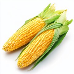 Fresh Yellow Corn on Cob with Green Husks on White Background Perfect for Culinary and Agricultural Themes