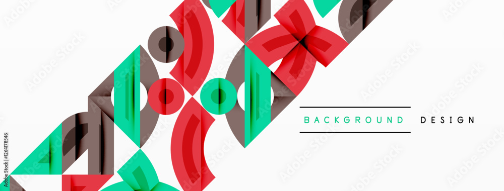 Poster Abstract geometric background with shapes, featuring circular and rounded elements. Bold contrast, smooth gradients, dynamic composition, futuristic style