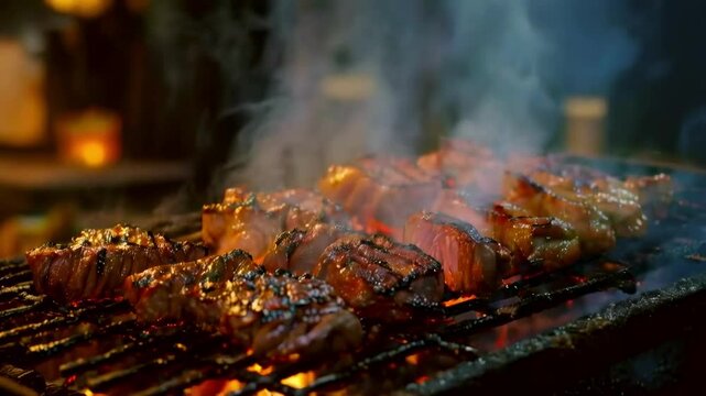 barbecue on the grill with smoke