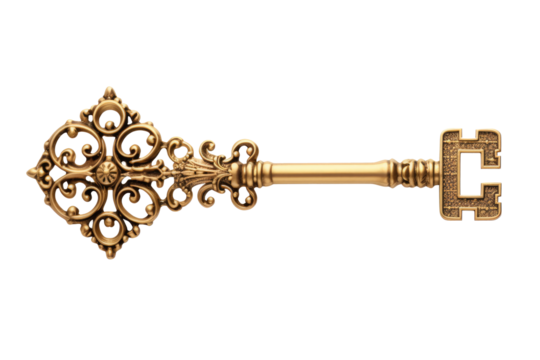  Ornate antique gold key, on transparent background - Powered by Adobe