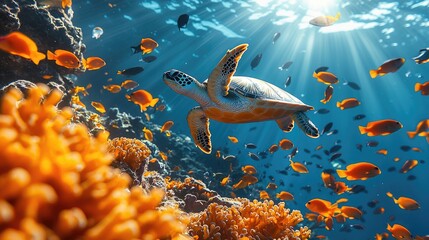 A serene underwater scene featuring a turtle gliding through vibrant coral reefs with colorful fish