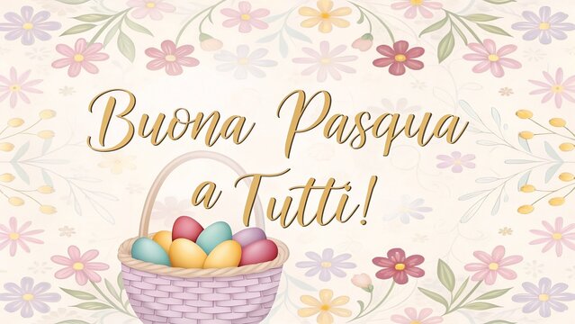 A festive Italian Easter greeting card with "Buona Pasqua a Tutti" text, pastel eggs in a basket, and a floral background.