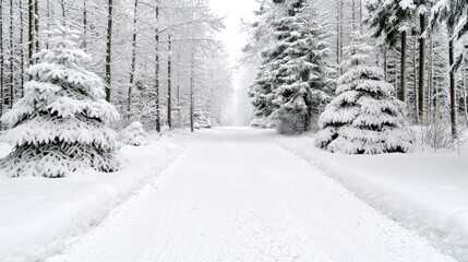 Snowy winter forest path leading into the distance. Use Stock photo for winter, nature, or travel themes