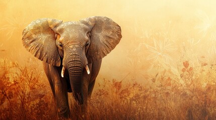 Obraz premium Elephant standing in golden grass under warm sunlight amidst vibrant flora in an open savanna landscape. Generative AI