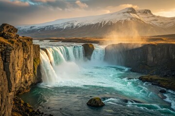 Obraz premium Majestic Mountain Crank: Epic Landscape Photography of a Wind-Cranked Waterfall
