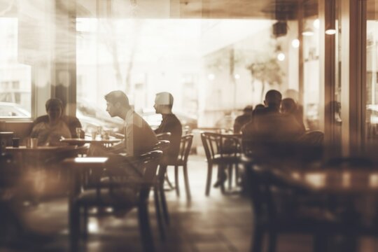 Fototapeta Blurred Photography people in coffee shop architecture restaurant sitting.