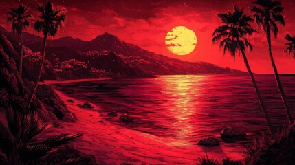 Obraz premium Crimson Horizon Pixelated Seaside Sunset Reflecting Vividly On Tranquil Waters Amidst Palms and Distant Mountains Scene
